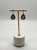 Pear Teardrop Shape Brown Smoky Quartz 14K Rose Gold Diamond Halo Drop Earrings