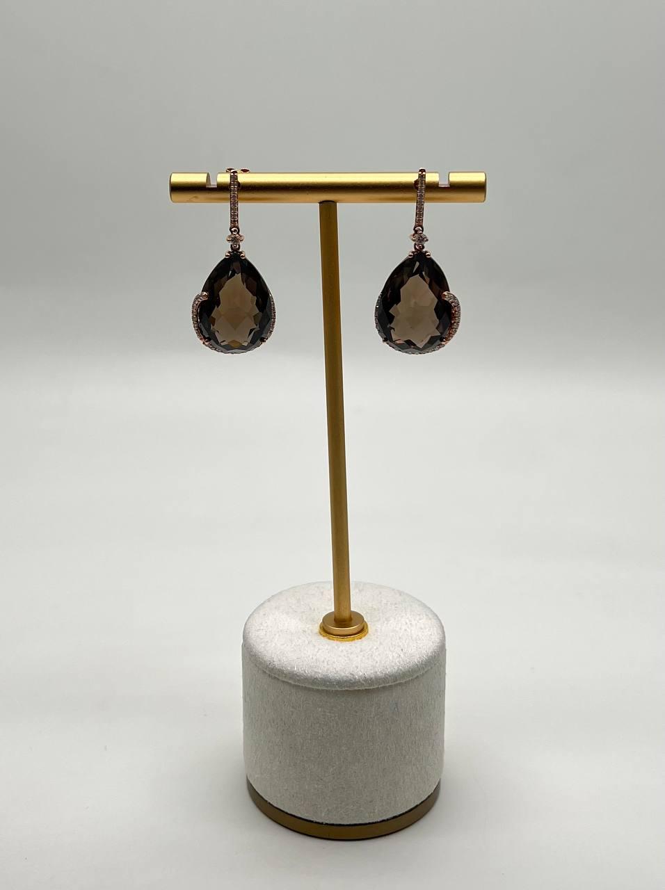 pear teardrop shape brown smoky quartz 14k rose gold diamond halo drop earrings