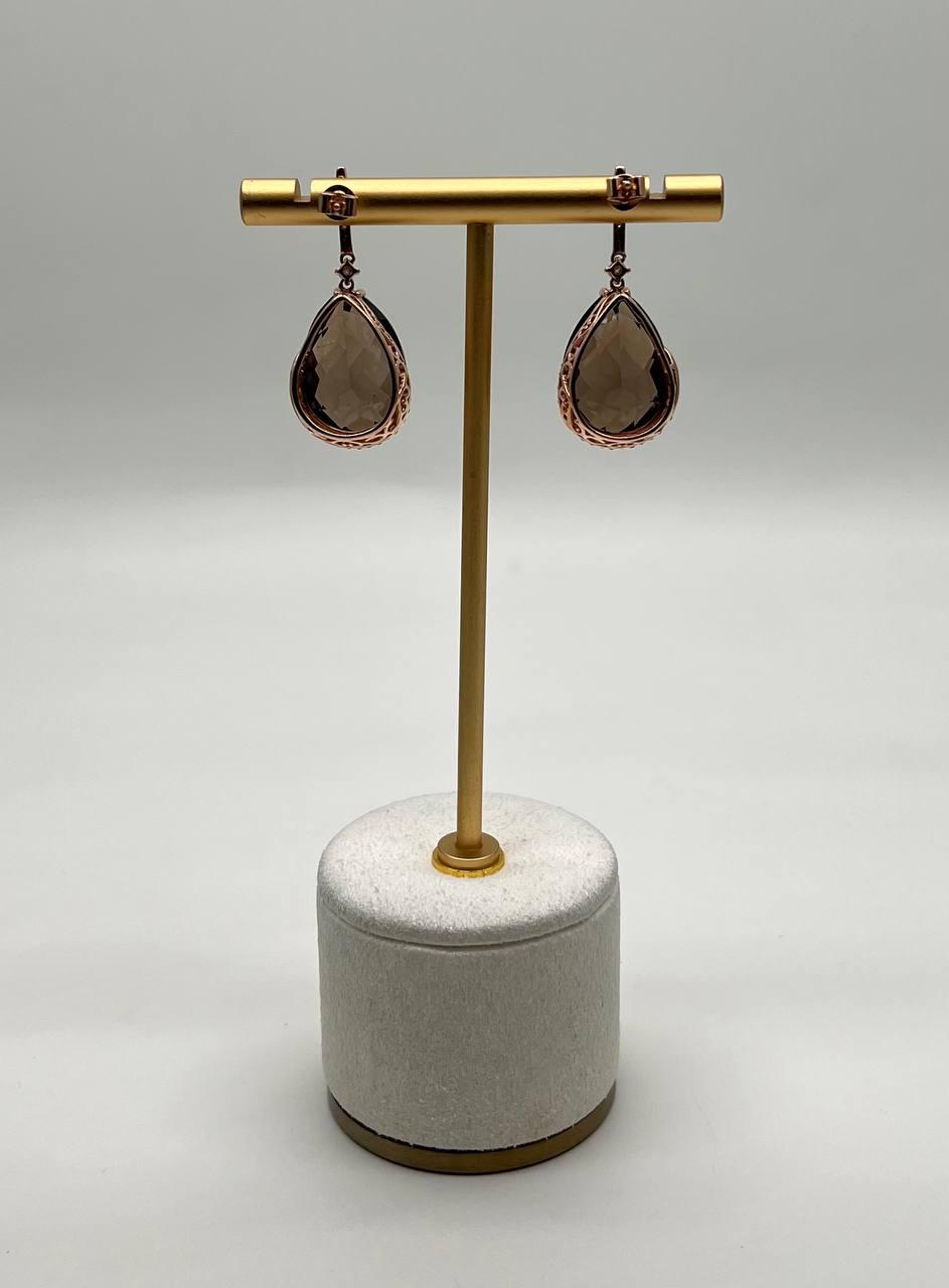 Pear Teardrop Shape Brown Smoky Quartz 14K Rose Gold Diamond Halo Drop Earrings