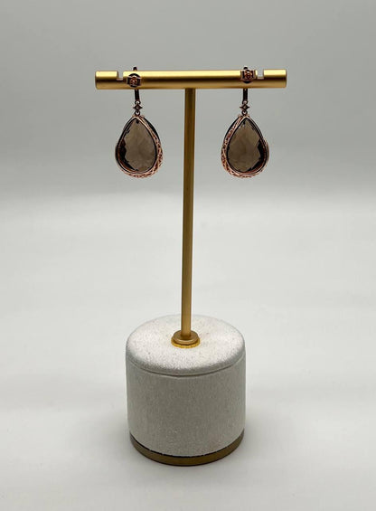 Pear Teardrop Shape Brown Smoky Quartz 14K Rose Gold Diamond Halo Drop Earrings