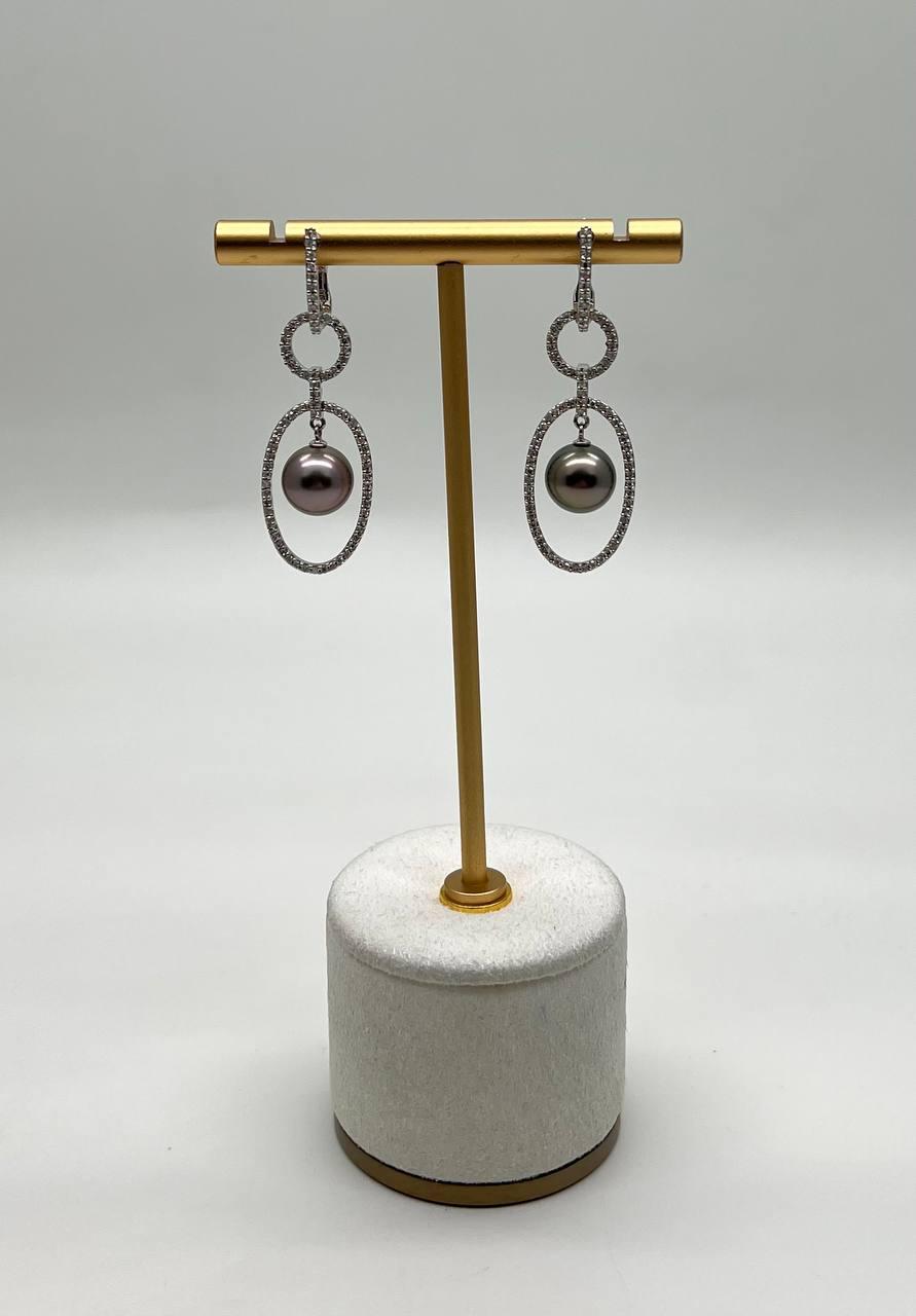 Silver Grey Black Tahitian Pearl Diamonds 14K White Gold Drop Dangle Earrings