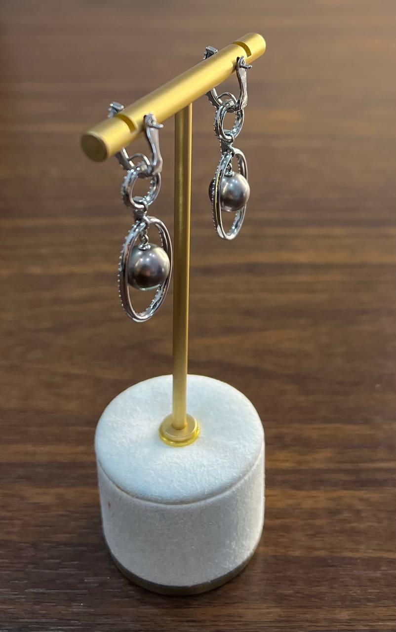 Silver Grey Black Tahitian Pearl Diamonds 14K White Gold Drop Dangle Earrings