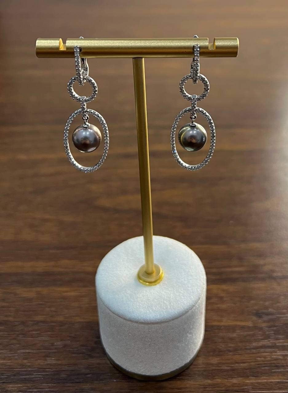 Silver Grey Black Tahitian Pearl Diamonds 14K White Gold Drop Dangle Earrings
