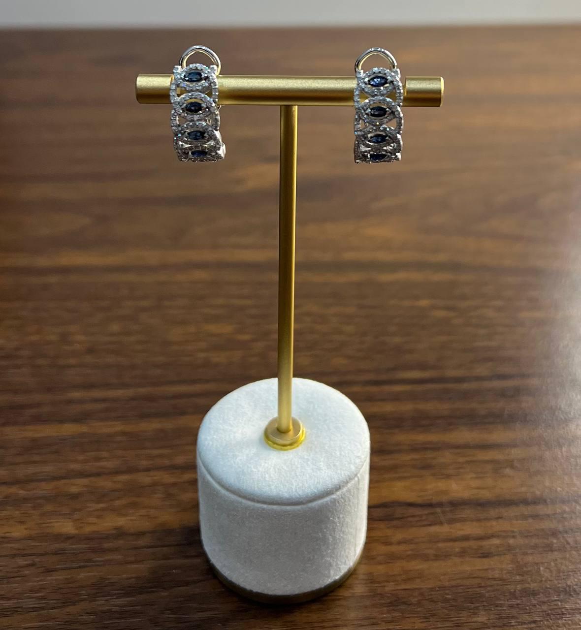 Blue Sapphire &amp; White Diamonds Pave Halo Set 14K White Gold Statement Earrings