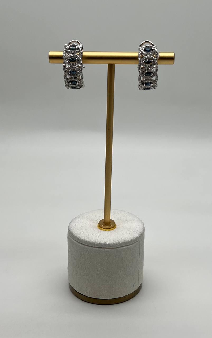 Blue Sapphire & White Diamonds Pave Halo Set 14K White Gold Statement Earrings