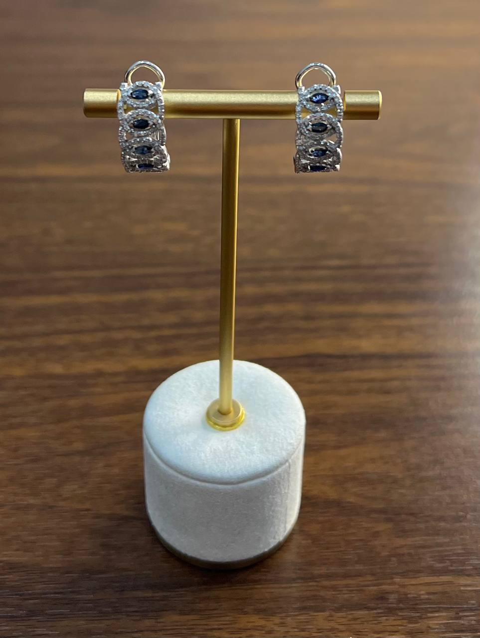 Blue Sapphire &amp; White Diamonds Pave Halo Set 14K White Gold Statement Earrings