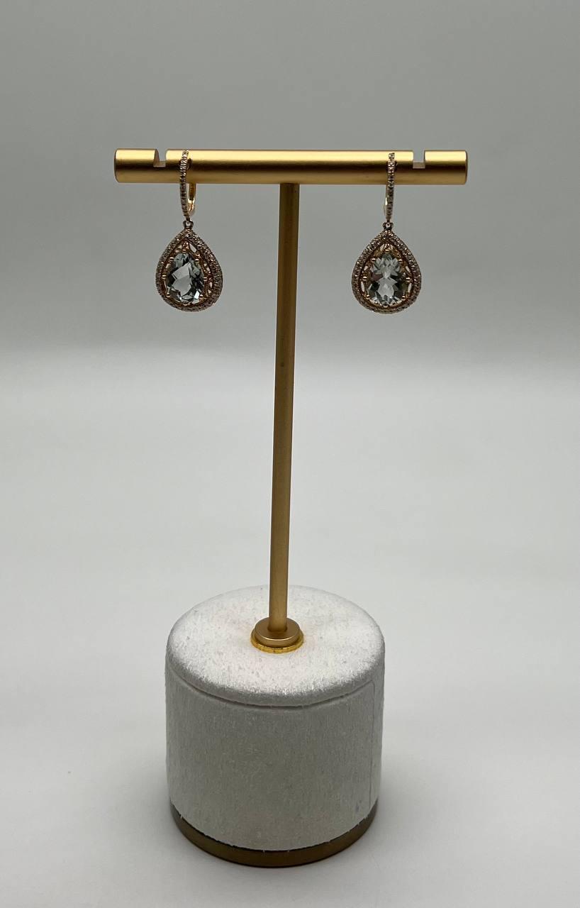 Pear Teardrop Green Amethyst Prasiolite 14K Yellow Gold Diamond Halo Earrings