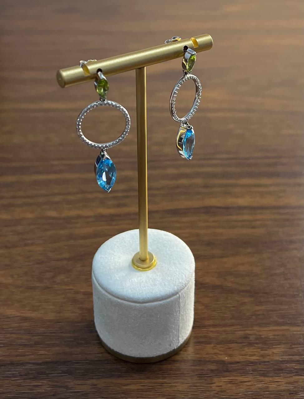 Marquise Shape Swiss Blue Topaz &amp; Green Peridot 14K White Gold Diamond Earrings