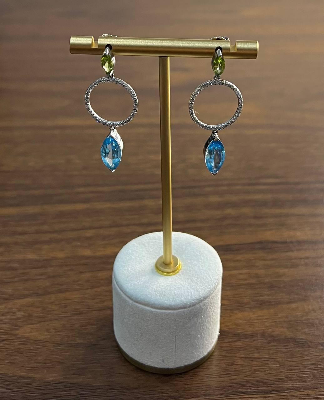 Marquise Shape Swiss Blue Topaz &amp; Green Peridot 14K White Gold Diamond Earrings