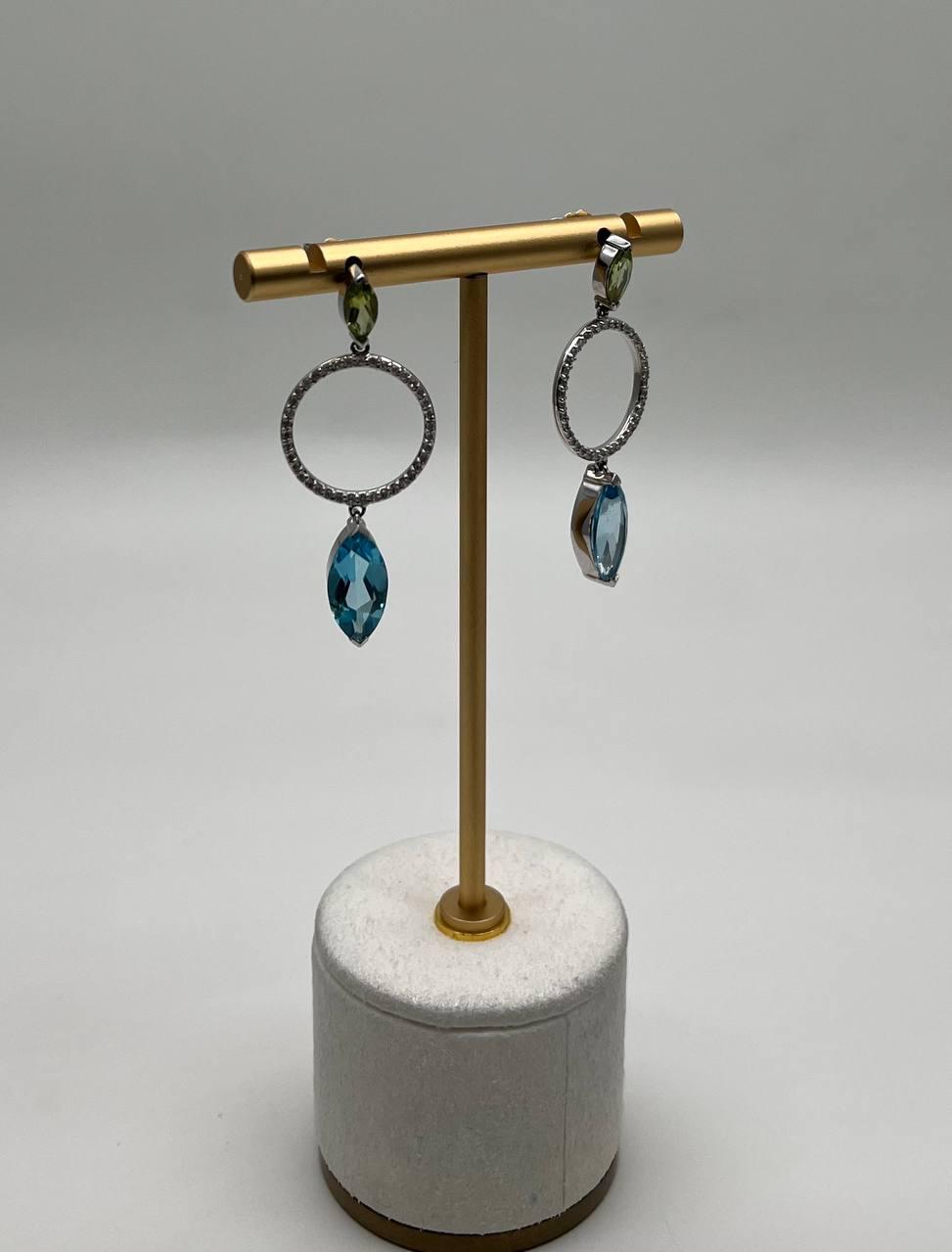 Marquise Shape Swiss Blue Topaz & Green Peridot 14K White Gold Diamond Earrings