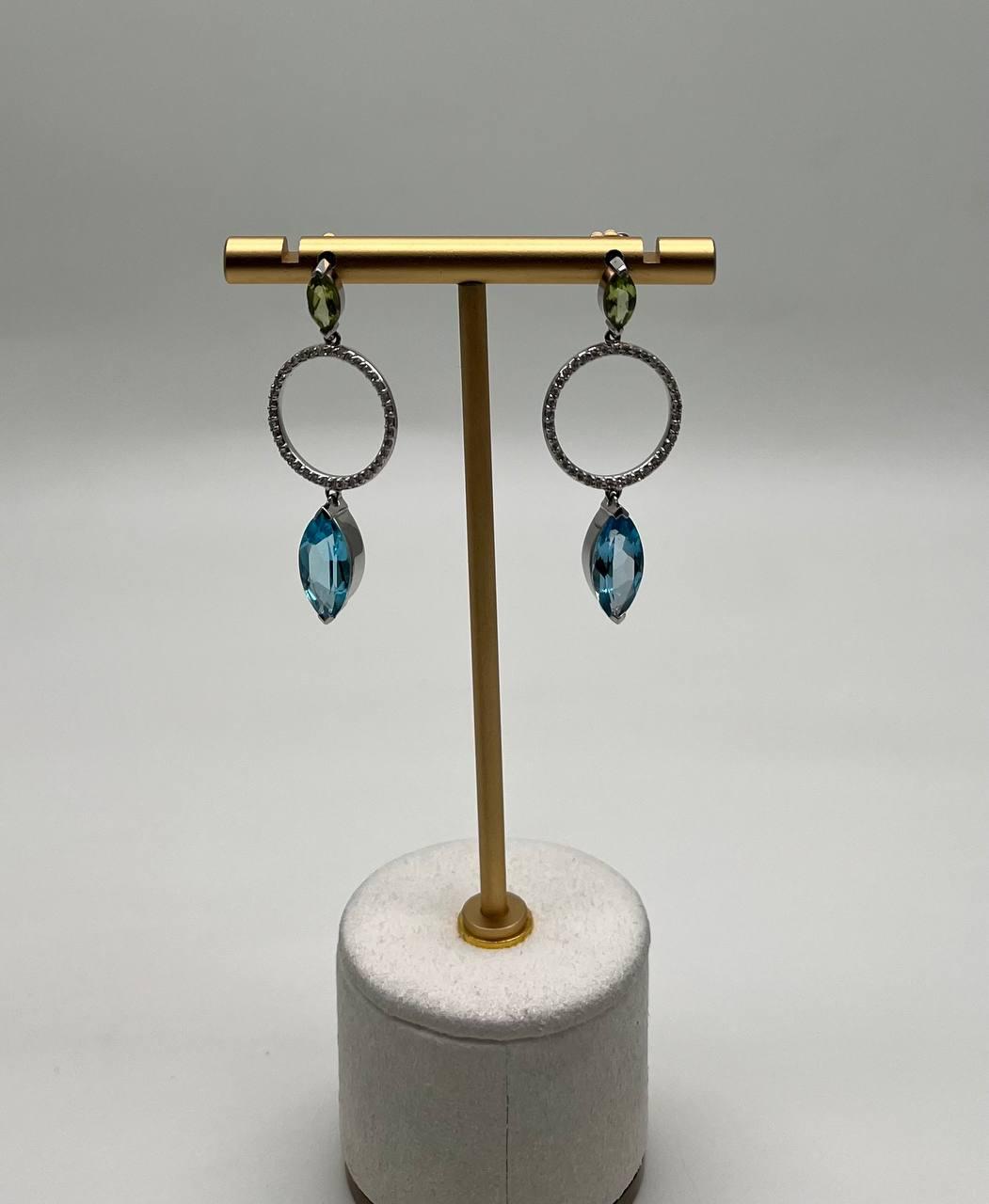 Marquise Shape Swiss Blue Topaz & Green Peridot 14K White Gold Diamond Earrings