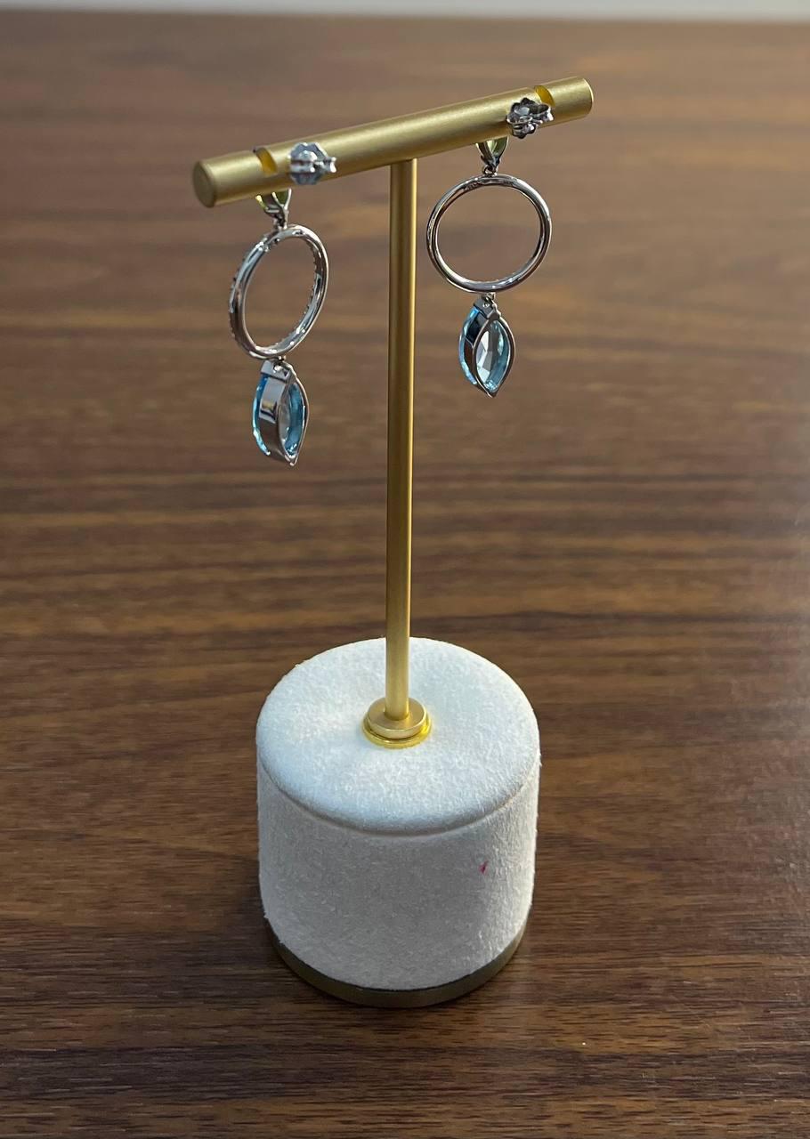 Marquise Shape Swiss Blue Topaz &amp; Green Peridot 14K White Gold Diamond Earrings