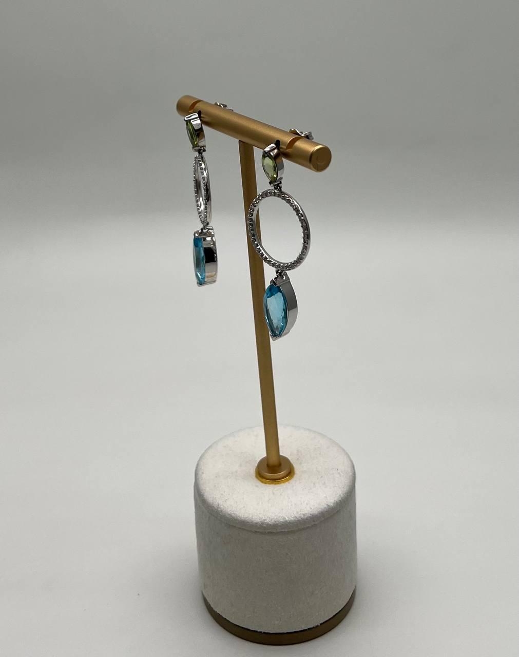 Marquise Shape Swiss Blue Topaz & Green Peridot 14K White Gold Diamond Earrings