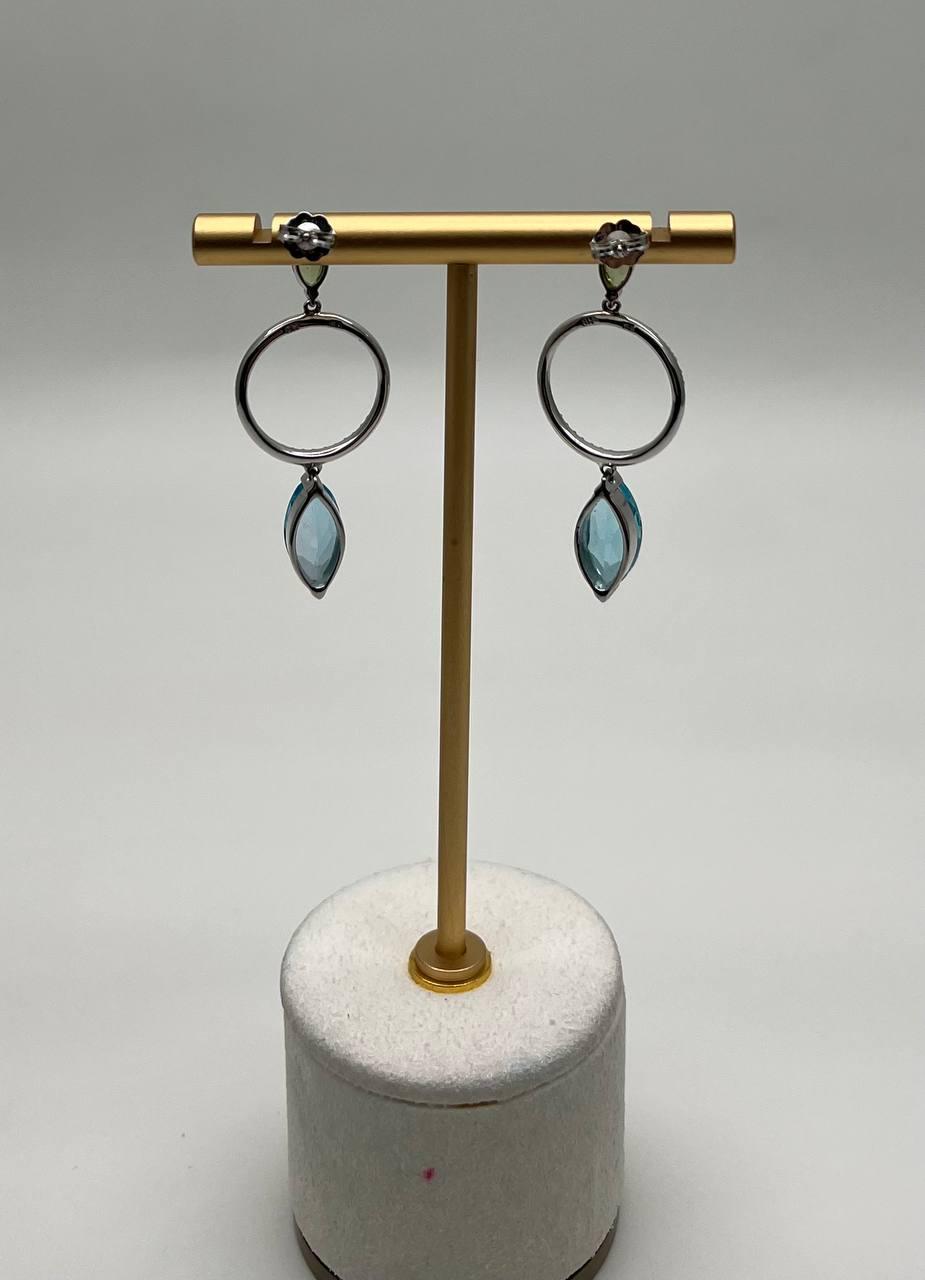 Marquise Shape Swiss Blue Topaz &amp; Green Peridot 14K White Gold Diamond Earrings