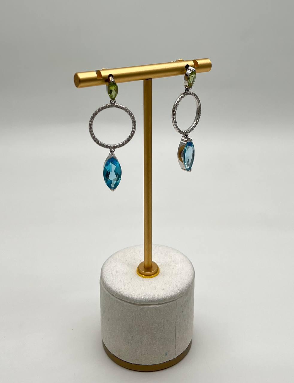 Marquise Shape Swiss Blue Topaz & Green Peridot 14K White Gold Diamond Earrings