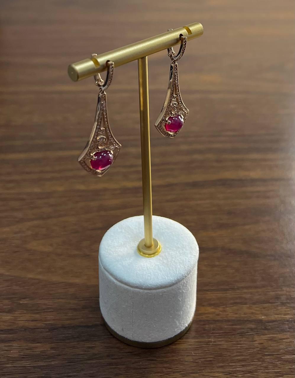 oval shape red pink ruby cabochon 14k white gold statement earrings
