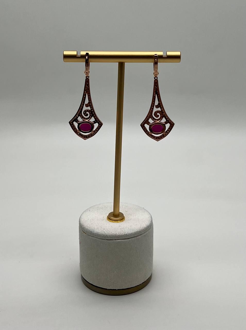 oval shape red pink ruby cabochon 14k white gold statement earrings