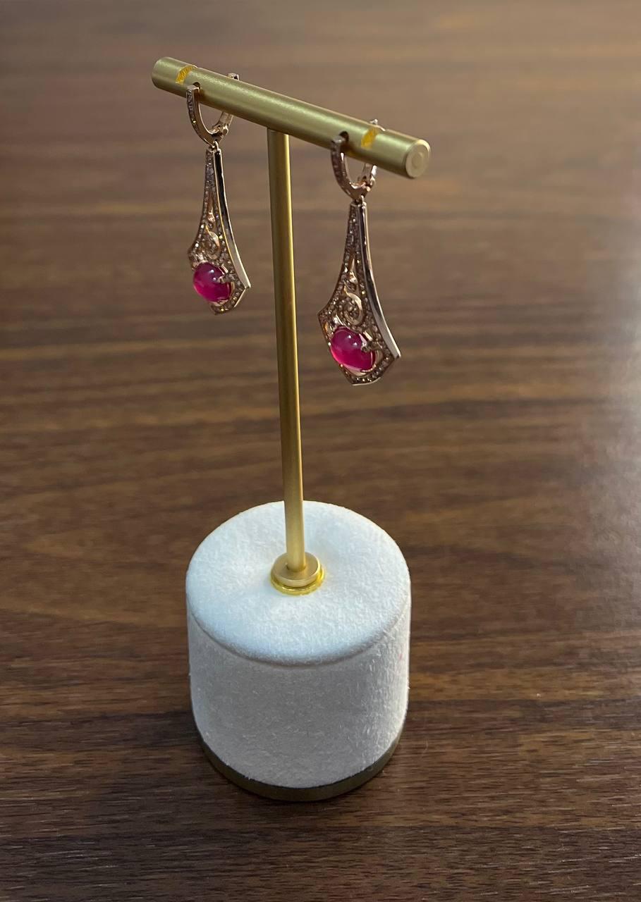 Oval Shape Red Pink Ruby Cabochon 14K White Gold Statement Earrings