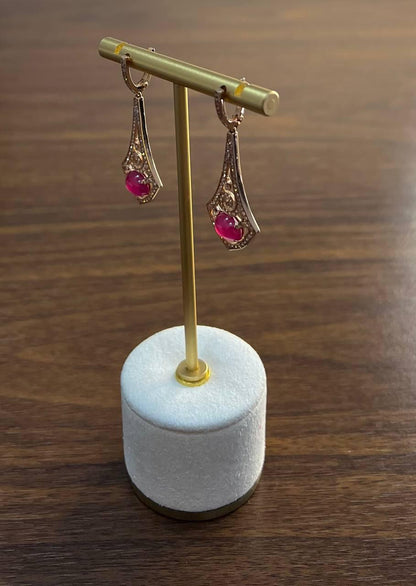 Oval Shape Red Pink Ruby Cabochon 14K White Gold Statement Earrings