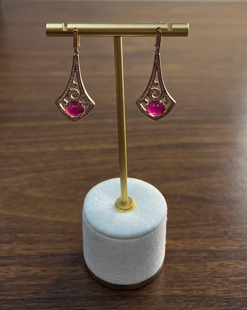Oval Shape Red Pink Ruby Cabochon 14K White Gold Statement Earrings
