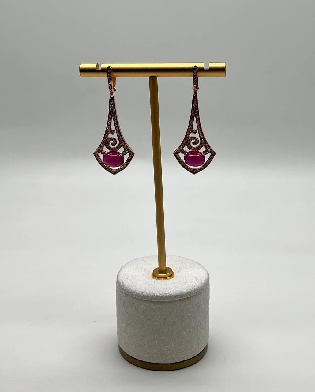 Oval Shape Red Pink Ruby Cabochon 14K White Gold Statement Earrings