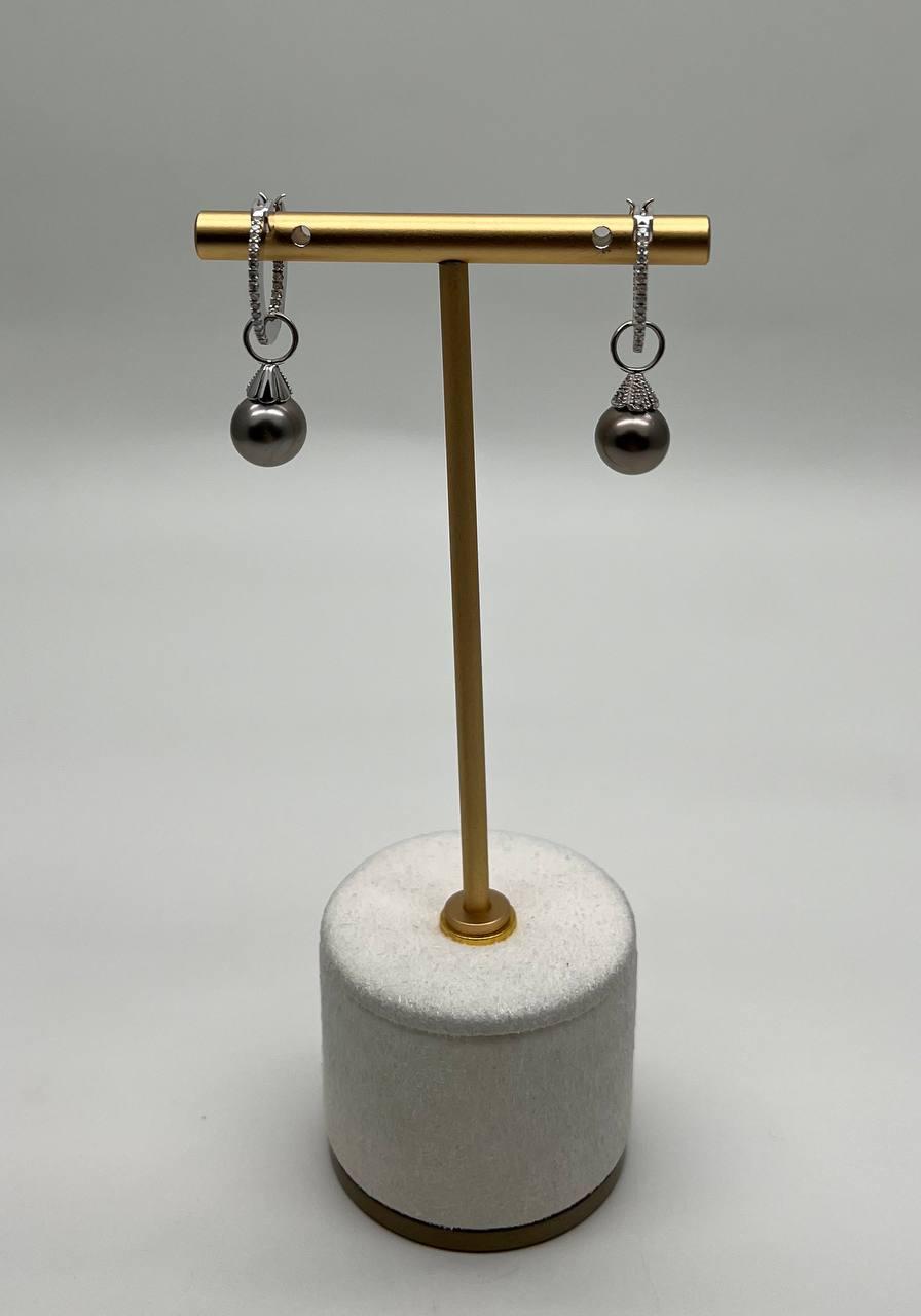 Grey Silver Black Tahitian Pearl 14K White Gold Diamonds Huggie Hoop Earrings