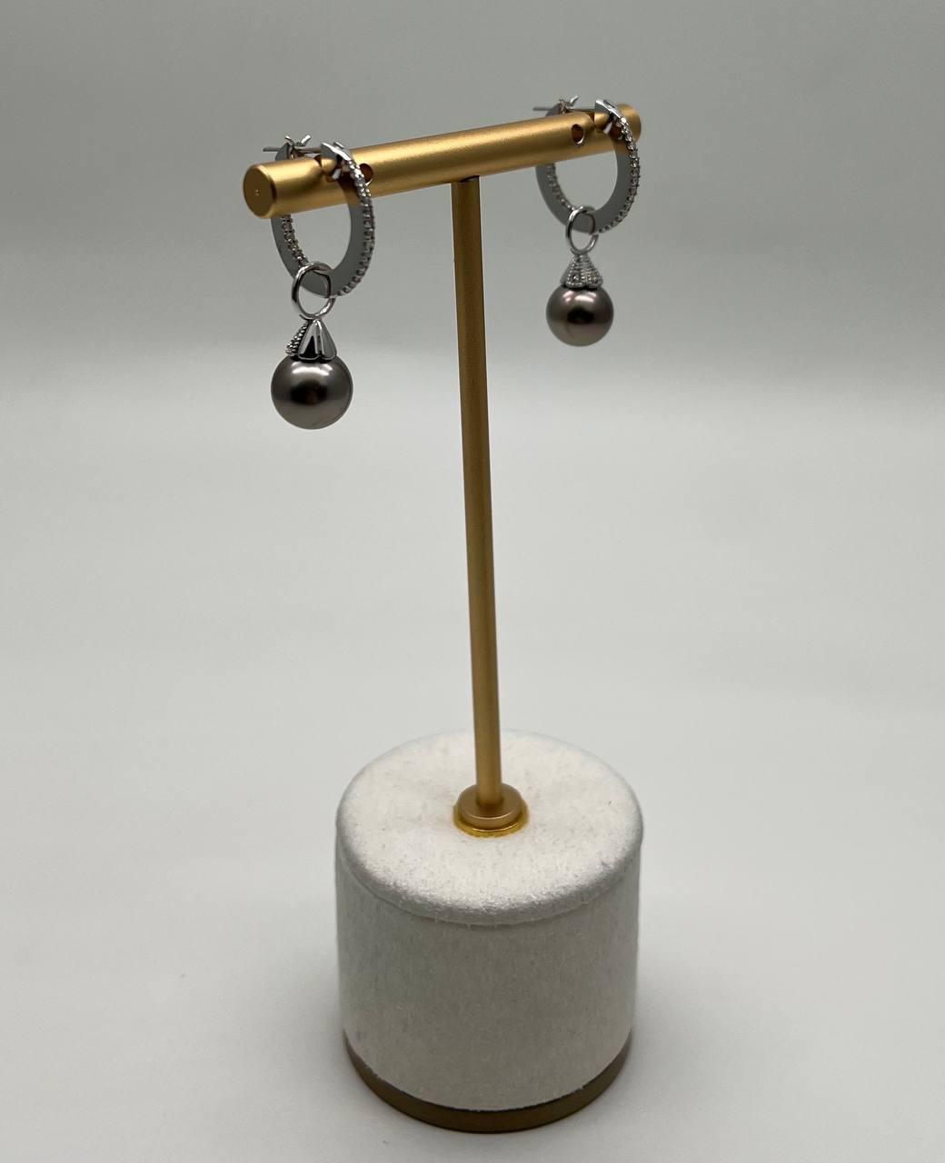 Grey Silver Black Tahitian Pearl 14K White Gold Diamonds Huggie Hoop Earrings