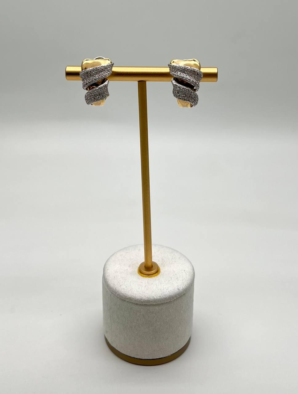 Diamond Pave Spiral Waves Sculptural 14K Yellow Gold Statement Huggie Earrings