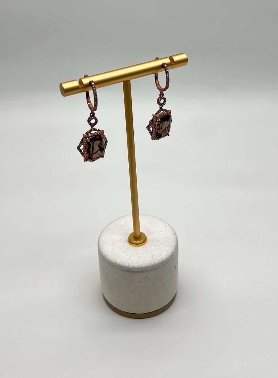 Brown Smoky Quartz Diamonds Halo 14K Rose Gold Statement Drop Earrings
