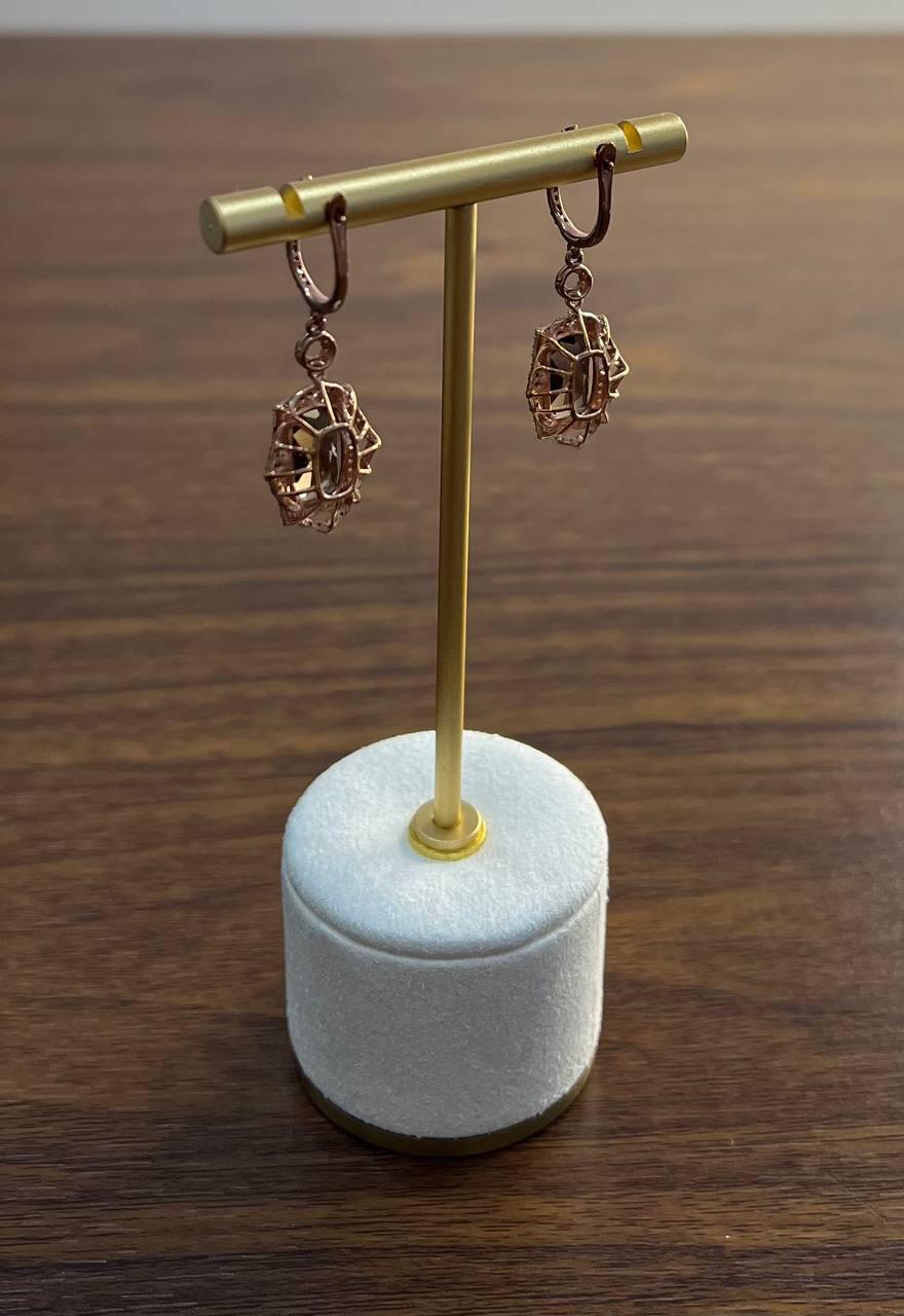 Brown Smoky Quartz Diamonds Halo 14K Rose Gold Statement Drop Earrings