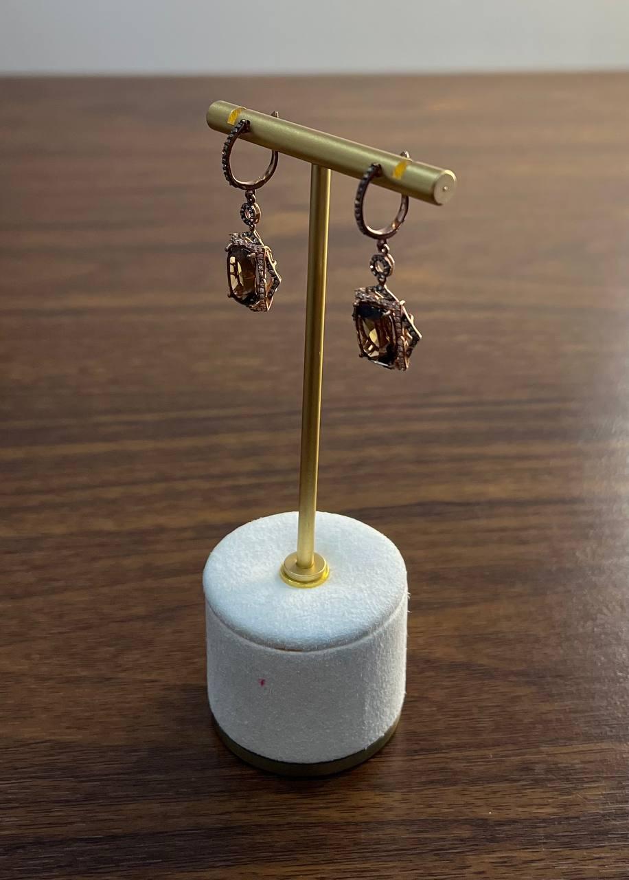 Brown Smoky Quartz Diamonds Halo 14K Rose Gold Statement Drop Earrings