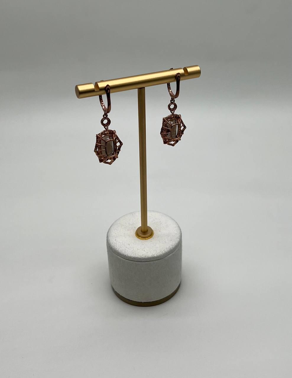 Brown Smoky Quartz Diamonds Halo 14K Rose Gold Statement Drop Earrings