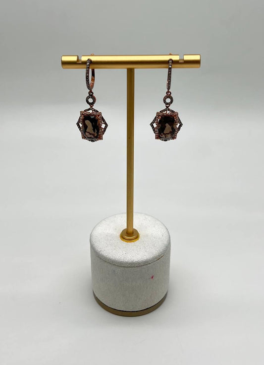 Brown Smoky Quartz Diamonds Halo 14K Rose Gold Statement Drop Earrings