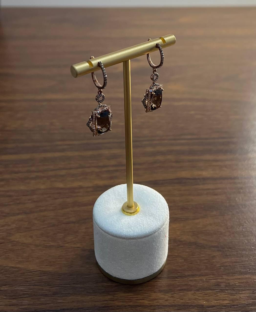 Brown Smoky Quartz Diamonds Halo 14K Rose Gold Statement Drop Earrings
