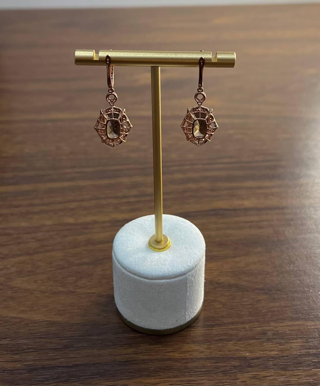 Brown Smoky Quartz Diamonds Halo 14K Rose Gold Statement Drop Earrings