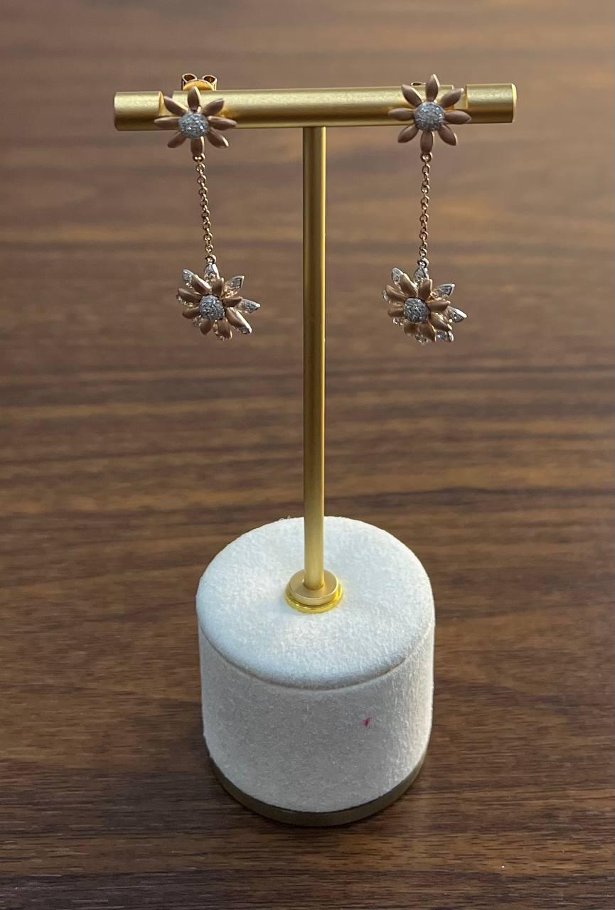 sunflower floral motif diamond pave 14k rose gold statement dangle earrings