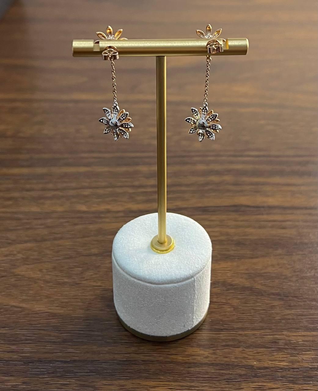 Sunflower Floral Motif Diamond Pave 14K Rose Gold Statement Dangle Earrings