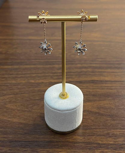 Sunflower Floral Motif Diamond Pave 14K Rose Gold Statement Dangle Earrings
