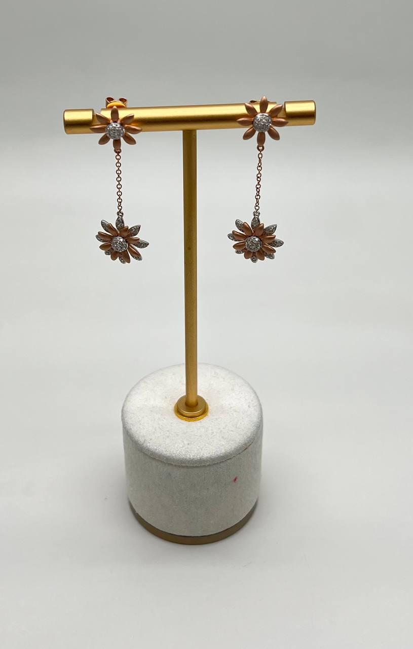 Sunflower Floral Motif Diamond Pave 14K Rose Gold Statement Dangle Earrings