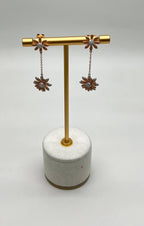 Sunflower Floral Motif Diamond Pave 14K Rose Gold Statement Dangle Earrings