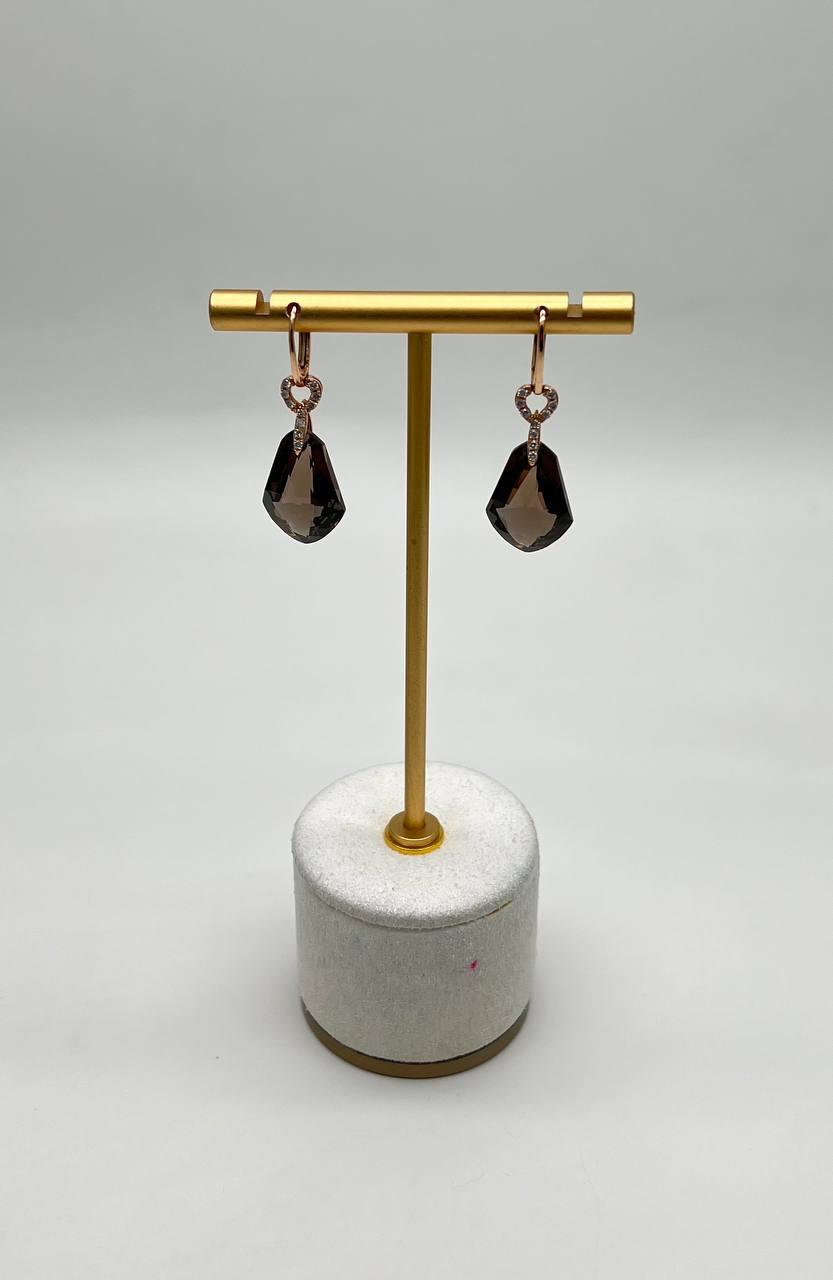 Shield Kite Shape Brown Smoky Quartz Diamond Accent Yellow Gold Drop Earrings