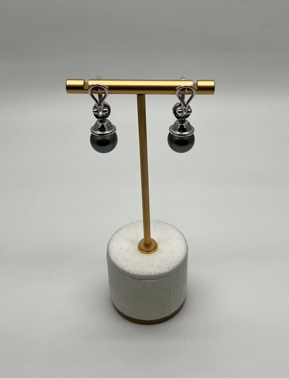 Silver Grey Black Tahitian Pearl Diamond 14K White Gold Drop Earrings