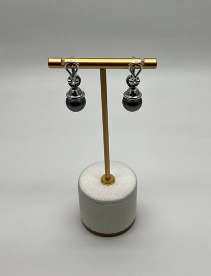 Silver Grey Black Tahitian Pearl Diamond 14K White Gold Drop Earrings