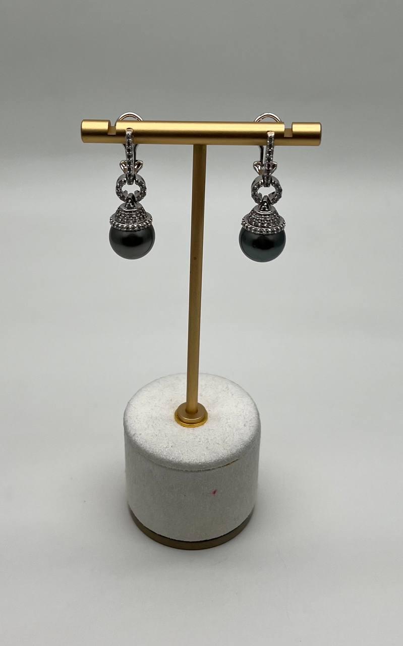 Silver Grey Black Tahitian Pearl Diamond 14K White Gold Drop Earrings