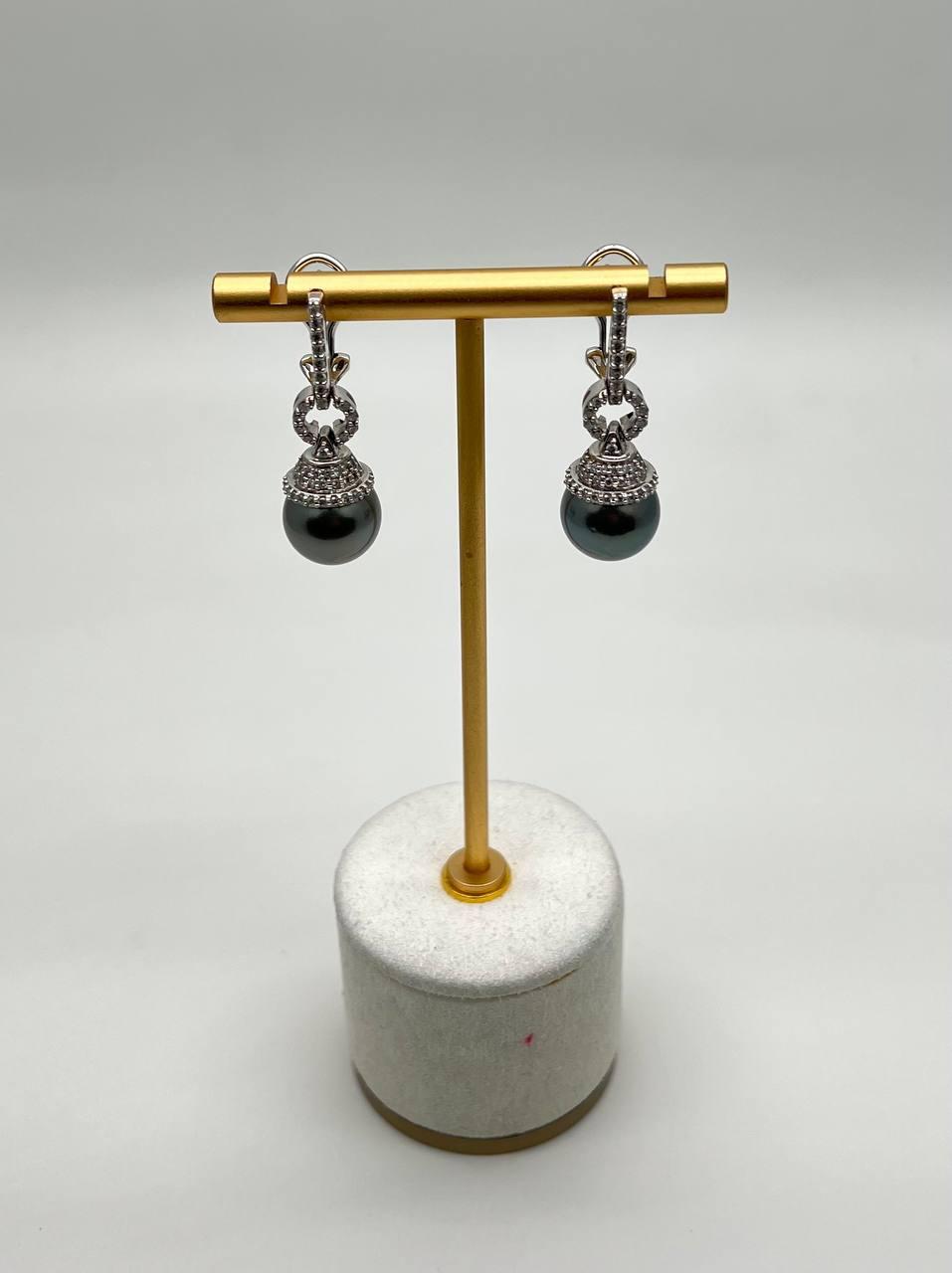 Silver Grey Black Tahitian Pearl Diamond 14K White Gold Drop Earrings