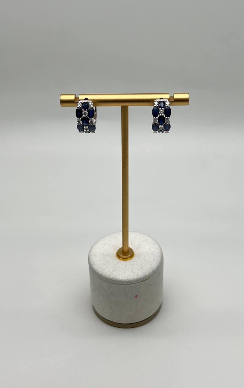 Blue Sapphires White Diamond 14K White Gold Statement Huggie Hinge Earrings