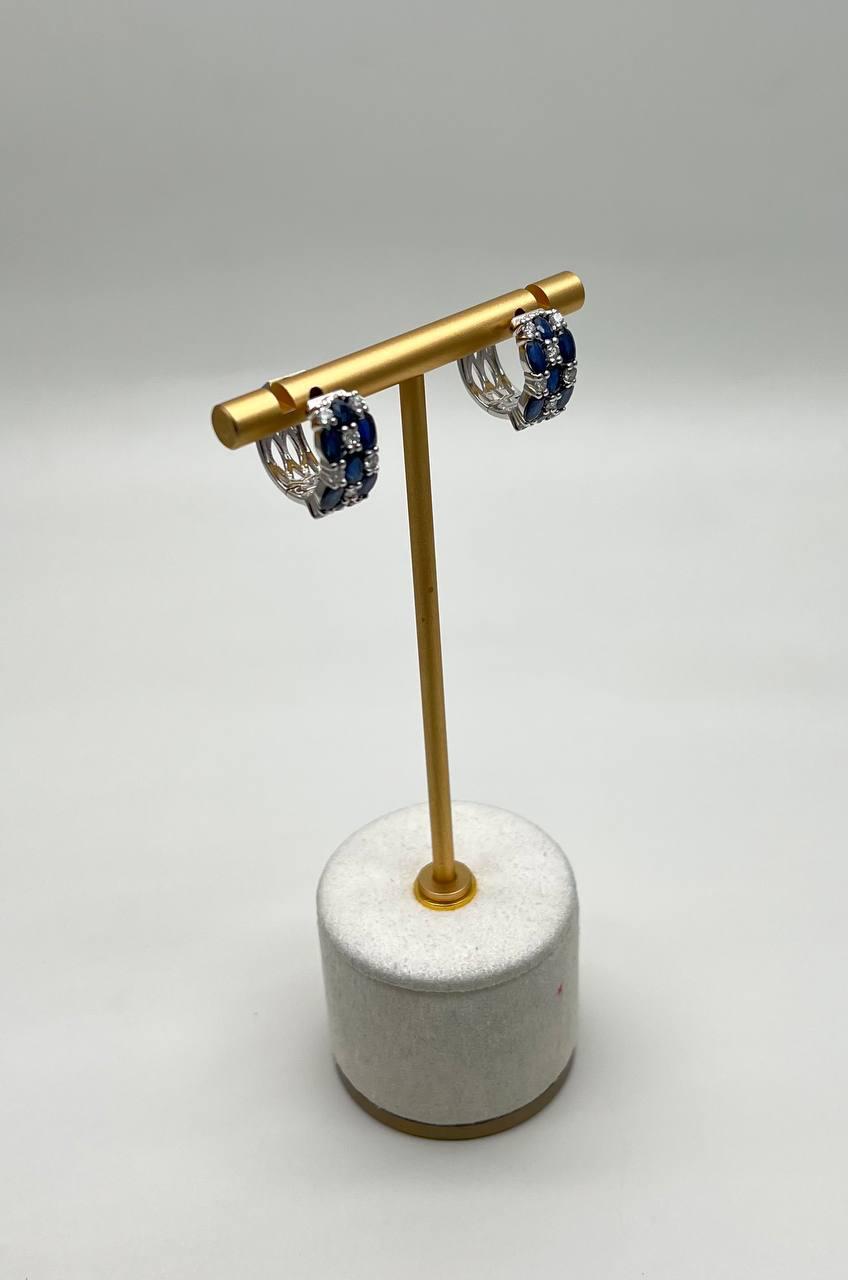 Blue Sapphires White Diamond 14K White Gold Statement Huggie Hinge Earrings