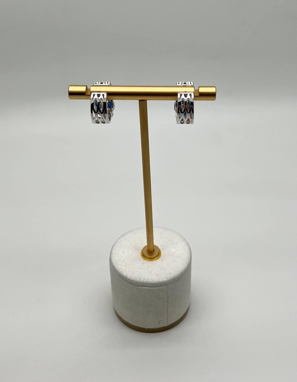 Blue Sapphires White Diamond 14K White Gold Statement Huggie Hinge Earrings