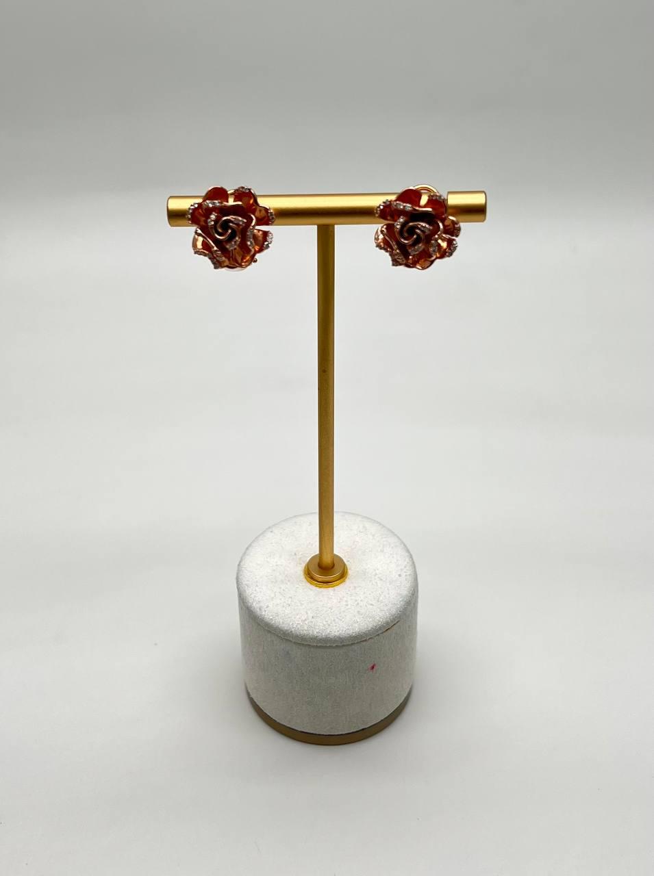 Rose Floral Flower Petals Diamond Pave Set 14K Rose Gold Stud Earrings