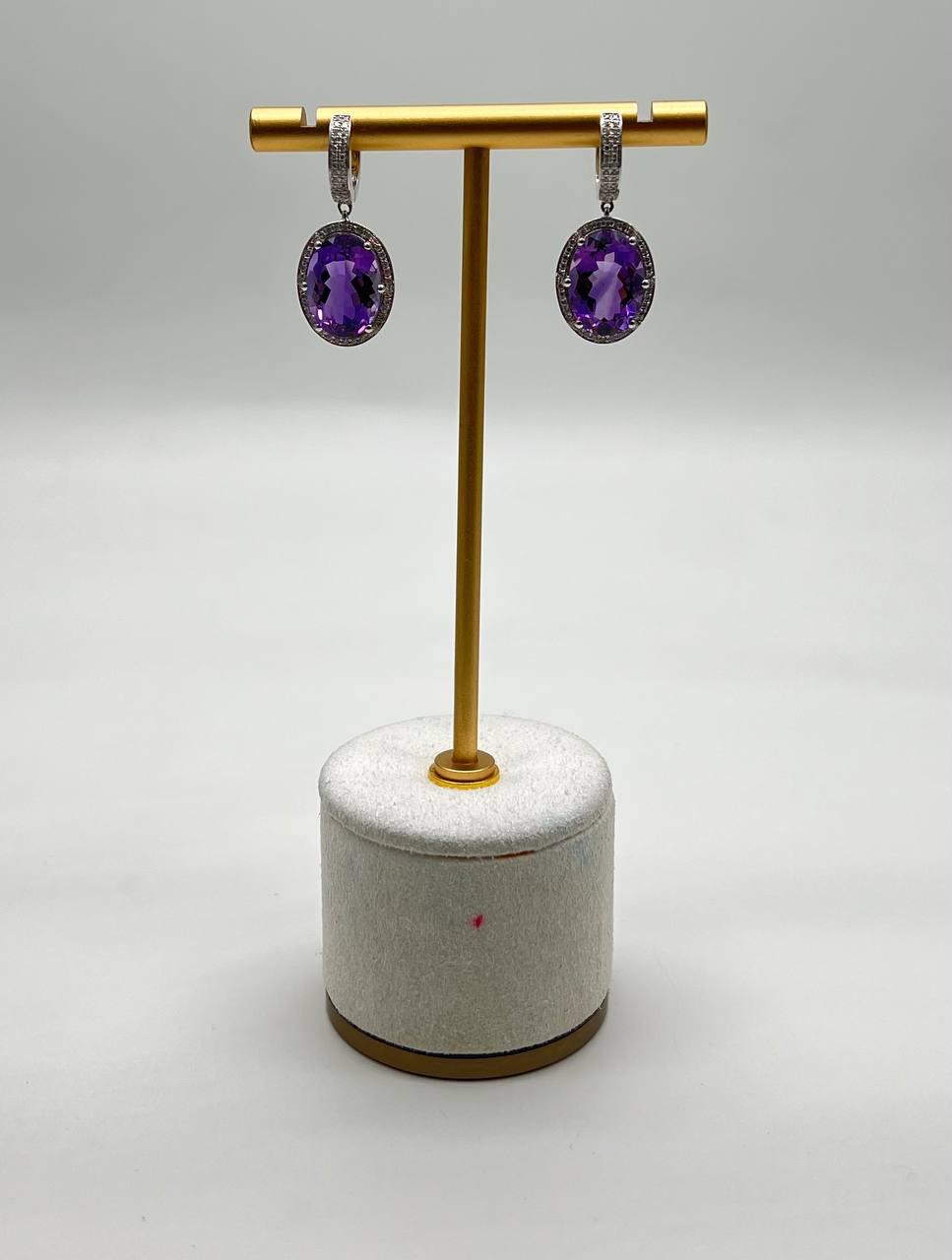 Violet Purple Amethyst Diamond Pave Halo 14K White Gold Statement Drop Earrings